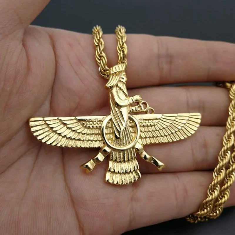 Punk Gold Color Ahura Mazda Fire of Light and Truth Zoroastrianism Amulet Necklaces for Men