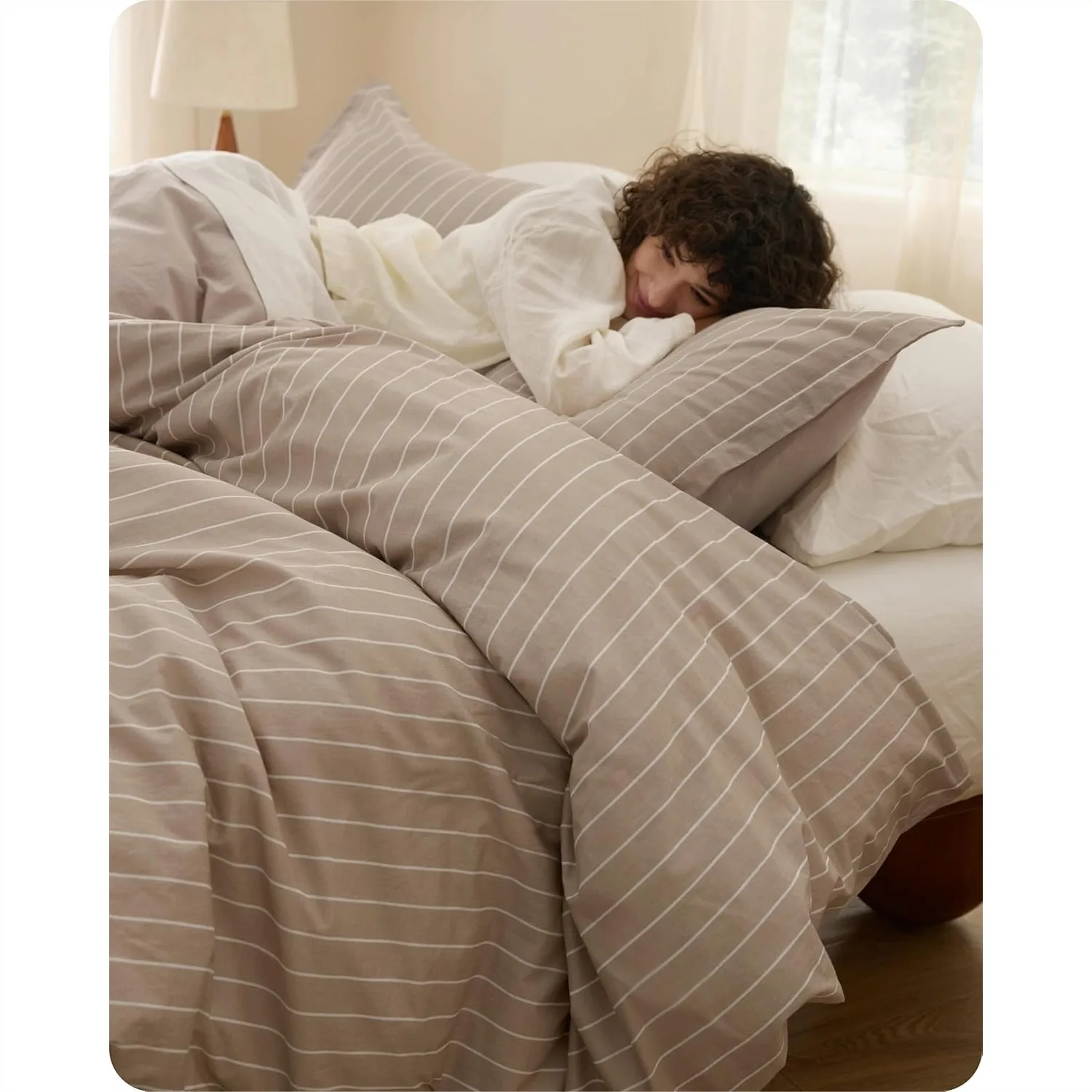 

Striped Duvet Cover Queen Size 100% Washed Cotton Linen Like Textured with Zipper Closure and Corner Ties Tan White 90x90