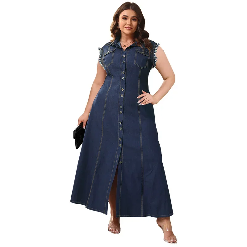 2025 zomer knop plus size shirt denim jurk vrouwen turn-down kraag grote jean jurk dames grote mouwloze geplooide lange jurk