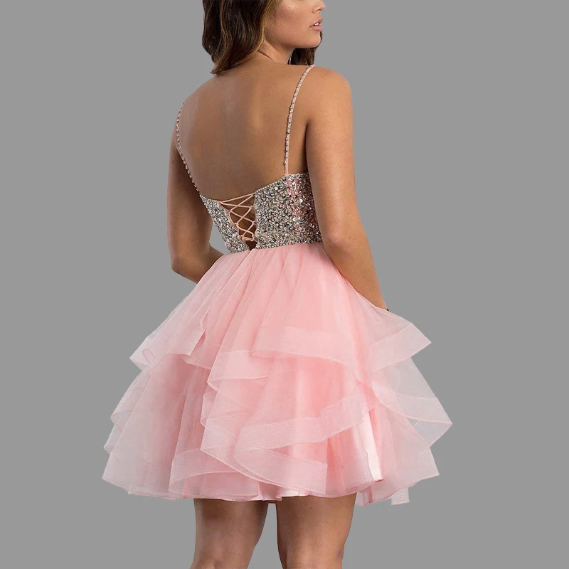 Robe de Cocktail à Paillettes en Tulle pour Femme, Tenue Élégante à Col en V, Bretelles Spaghetti, pour ixet Remise de Diplôme