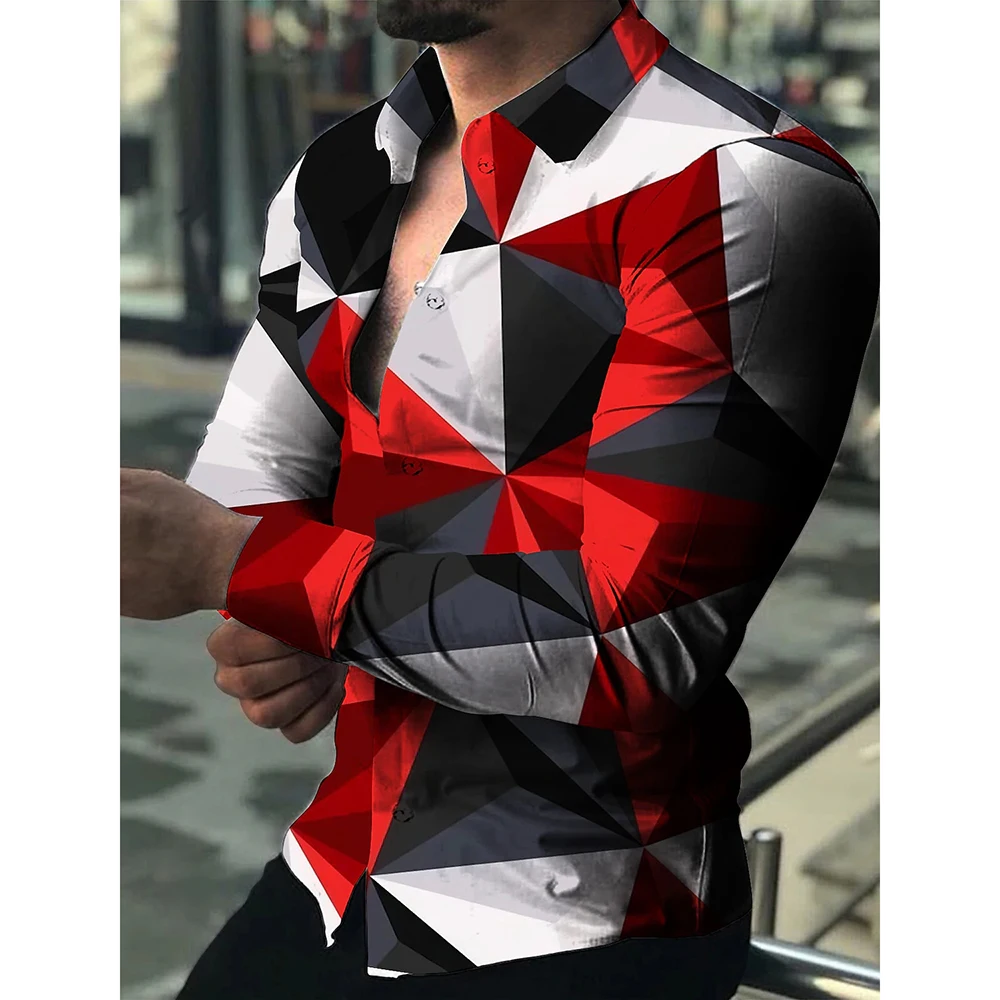 Fashion Luxury Men Shirt Single Breasted Shirt Casual Digital Splicing Printed Long Sleeve Tops Men's Clothing Hawaiian Cardigan