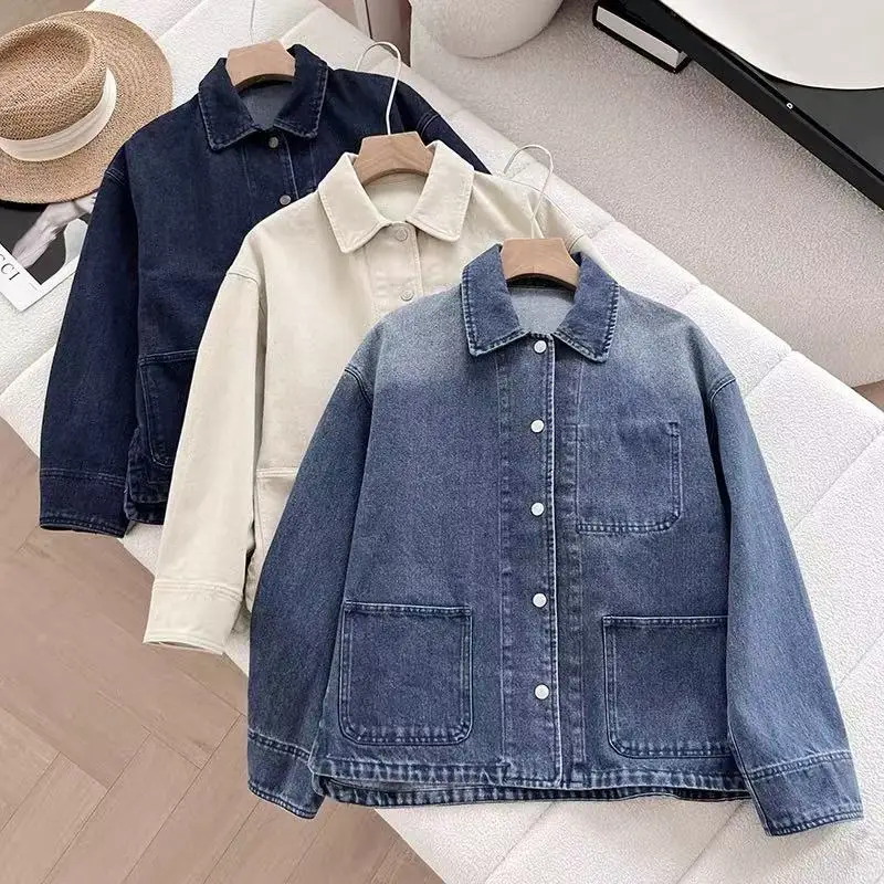 

Женская повседневная джинсовая куртка свободного кроя, весна-осень, винтажная универсальная верхняя одежда, воротник, застежка на пуговицы, длинный све