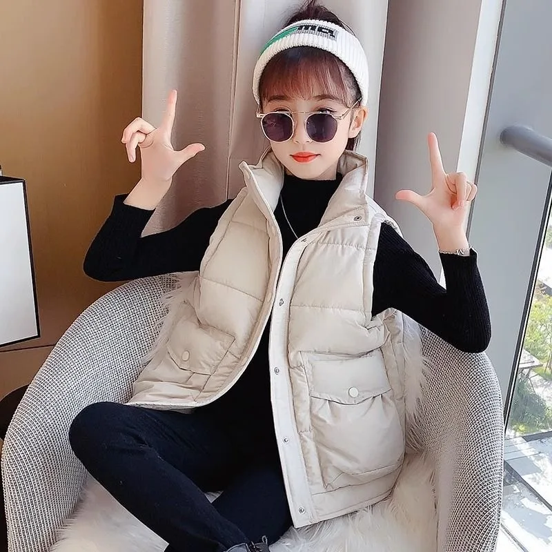 

2025 New Autumn Winter Thickened Kids Down Cotton Vest for Tween Girls Boys Stand Up Collar Warmth Heavy Duty Insulation Casual