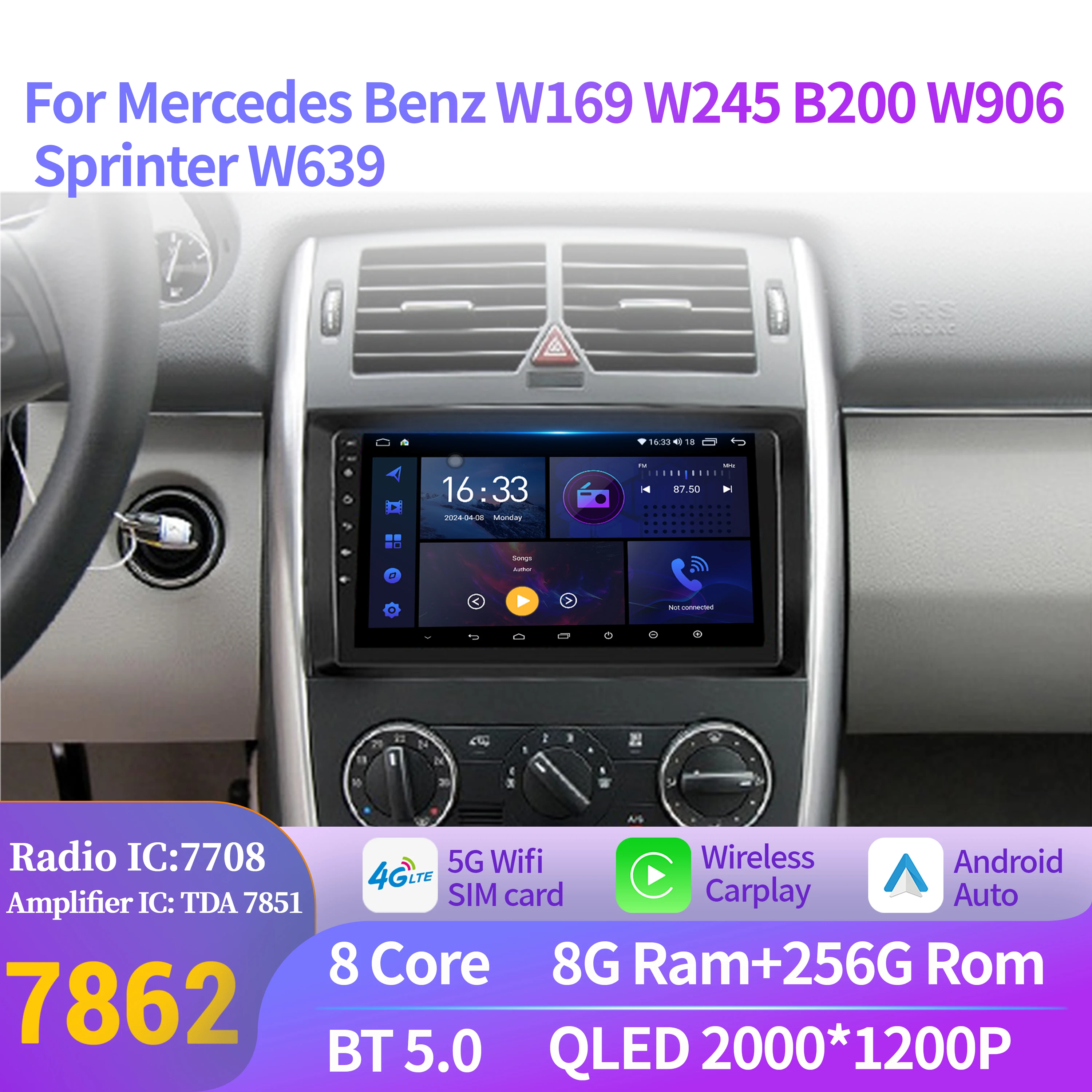 

Android 14 For Mercedes Benz W169 W245 B200 W906 Sprinter W639 Carplay Car Radio Multimedia Navigation 8G 256G 2K QLED Screen