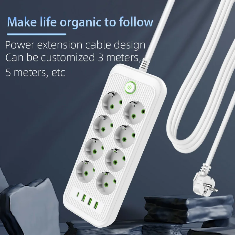 EU Plug AC Outlet Multitap Power Strip 2m Extension Cord Electrical Power Strip 3 USB 1 Type-C Network Filter Fast Charging