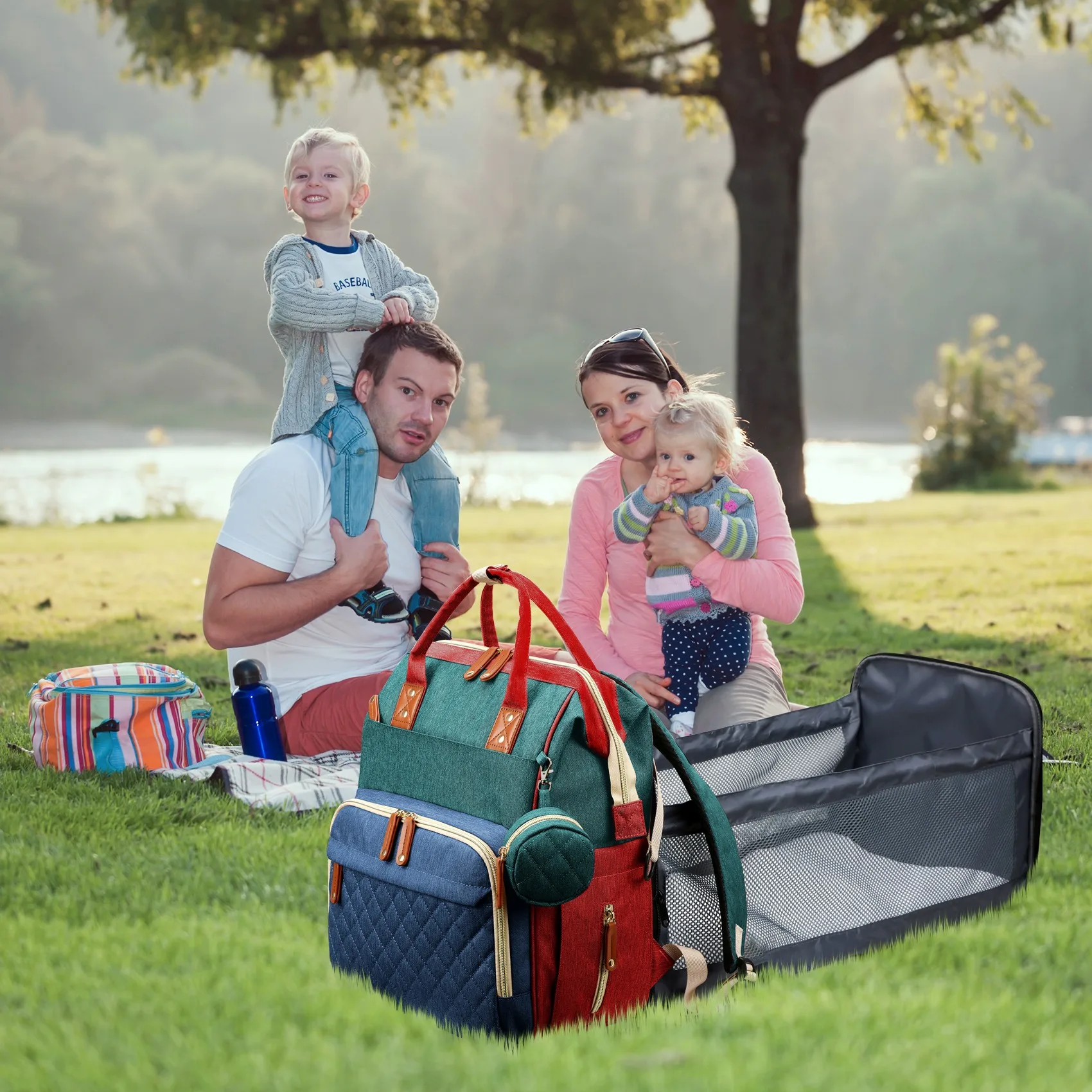 Mommy Bag Double Shoulder Multi-functional Large-capacity Mother Baby Bag Folding Crib Stroller Backpack Lightweight Diaper Bag