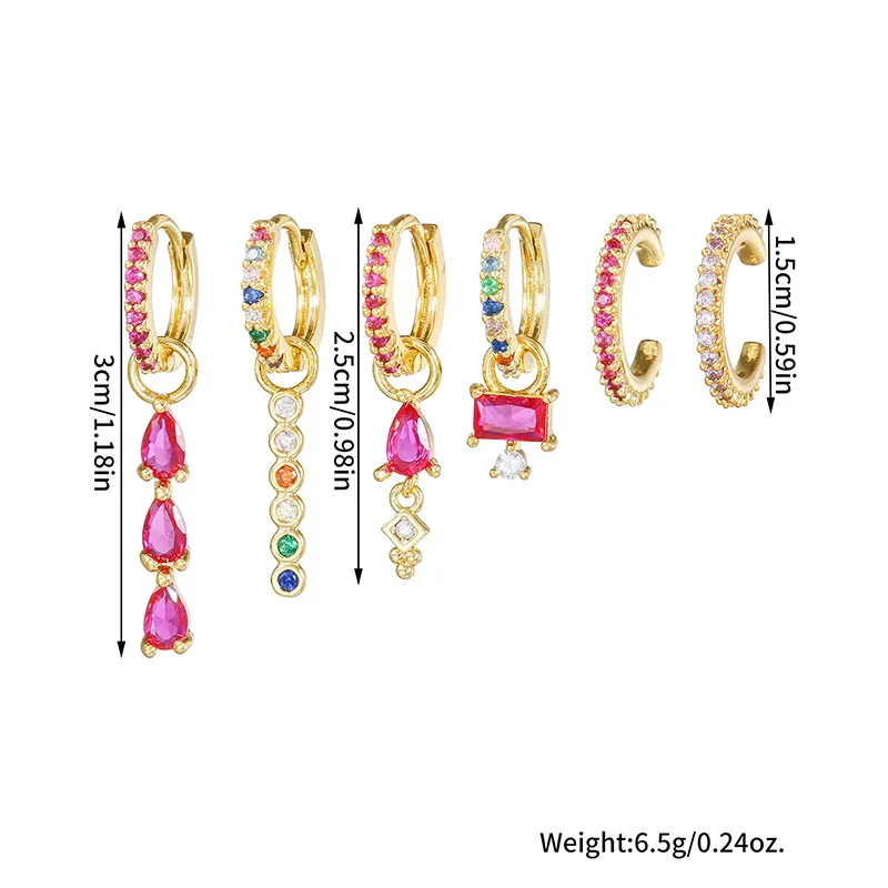 ZAKOL 6 Stück/Set Luxuriöse Rosenrote Bunte Zirkon-Edelstahl-Wassertropfen-Creolen für Damen Huggie Damenschmuck – Detail 5