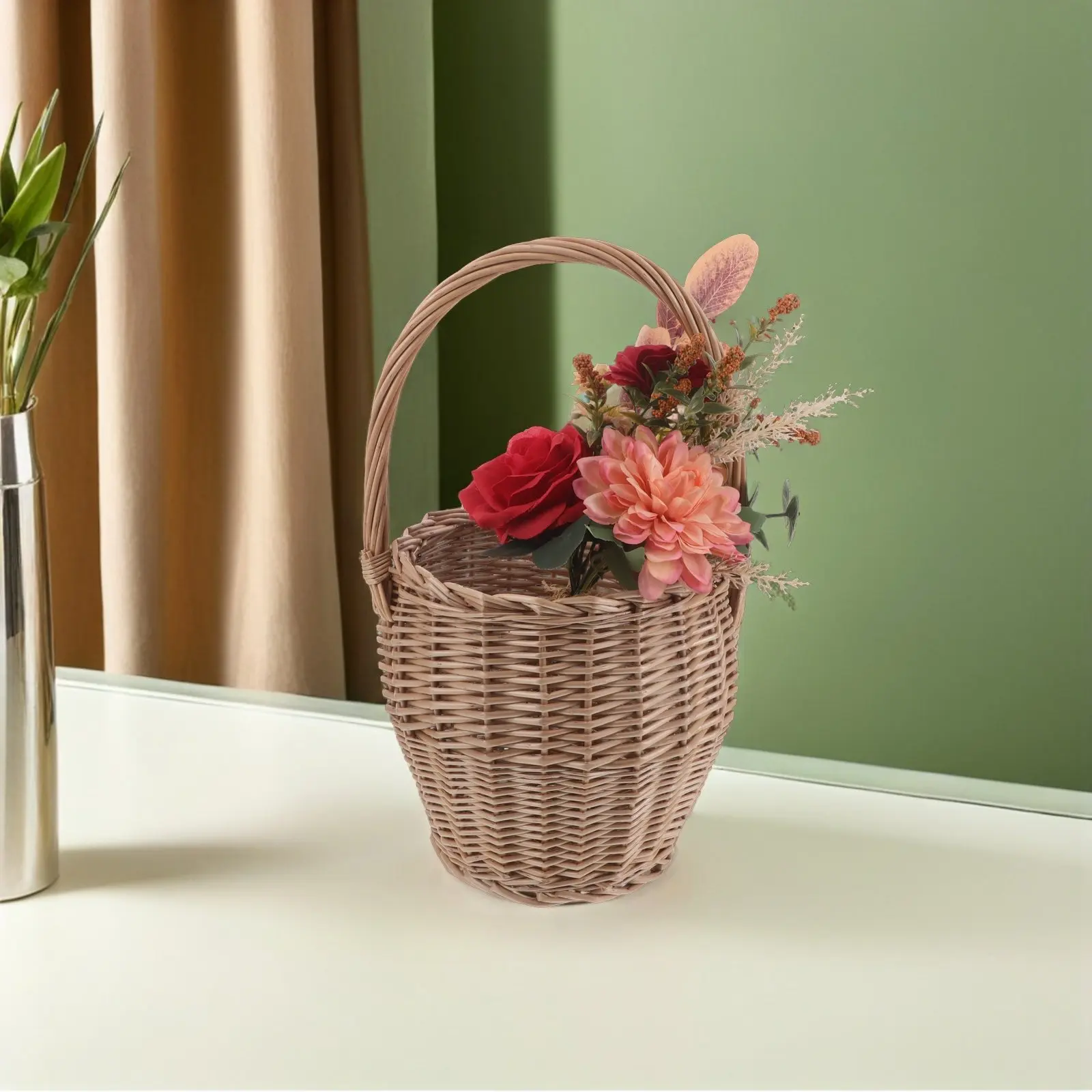 Cesta de Flores Tejida a Mano con Asa, Cesta de Mimbre Natural para Almacenamiento, Decoración del Hogar, Ceremonias de Boda, Picnic, Frutas y Pan