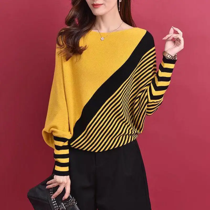 Casual Loose Striped Batwing Sleeve Sweaters 2023 Autumn Winter Slash Neck Stylish Patchwork Screw Thread Asymmetrical Jumpers