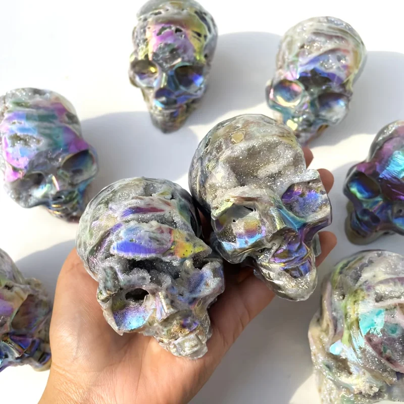 1pc Aura Sphalerite Skull-aura Geode Skull Unique Metallic Crystal Carving Gothic Steampunk Decor Luxury Desk Curiosity