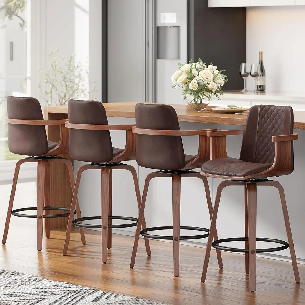 

Набор из 4 барных стульев высотой 26 дюймов с деревянными ножками, спинками и сиденьями из искусственной кожи для кухонного острова, коричневый