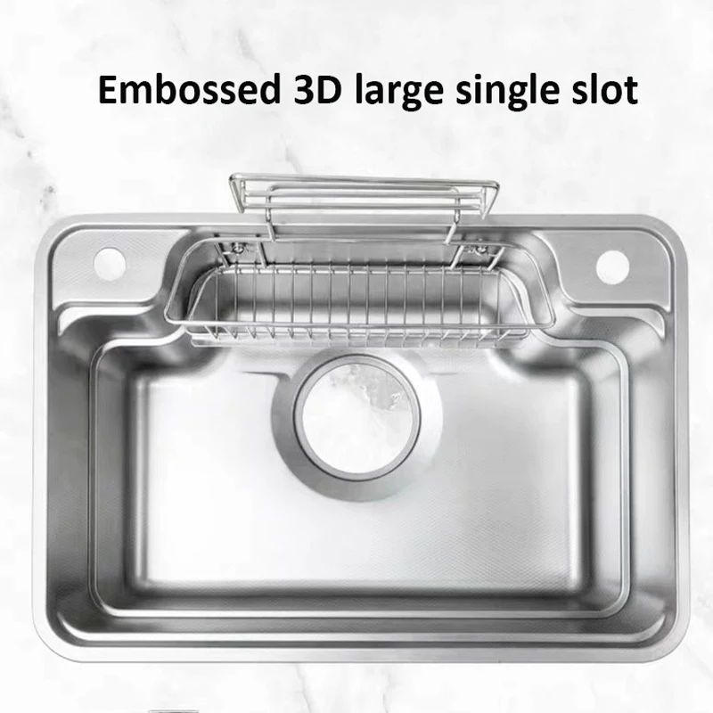 Hot Large Single Embossed 3D Sink with Hanging Basket Multifunctional Kitchen Sink for Quick Drainage Practical Design