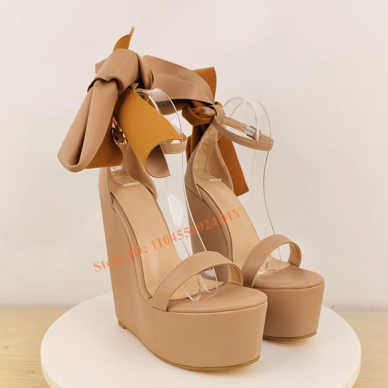 Leather Upper Wedge Heeled Thick Platform Adjustable Diy Wrap Strap Bow Tie Knot High Heel Sandals Women Open Toe Summershoes view 4