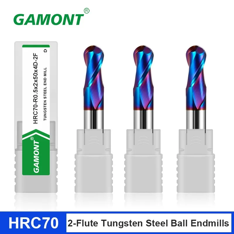 GAMONT HRC70 블루 나노 코팅 텅스텐 스틸 카바이드 밀링 커터, CNC 기계 가공, 특수 볼 엔드 엔드밀 도구, 2 플루트