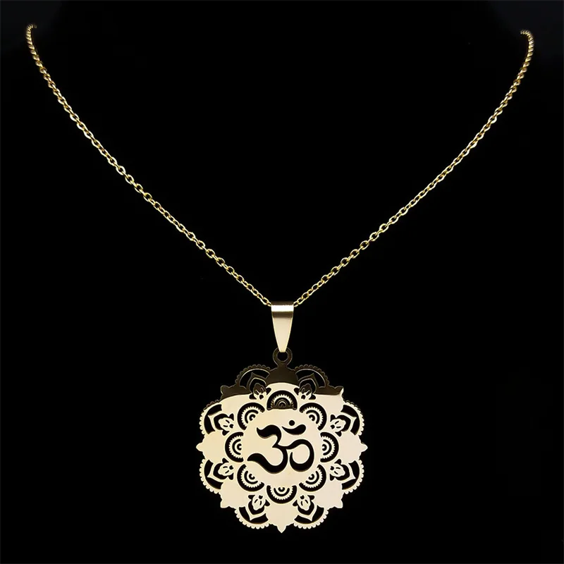 AUM OM Ohm flor budista hueco collar mujeres acero inoxidable chapado en oro geometría sagrada Mandala collares joyería N8082S04