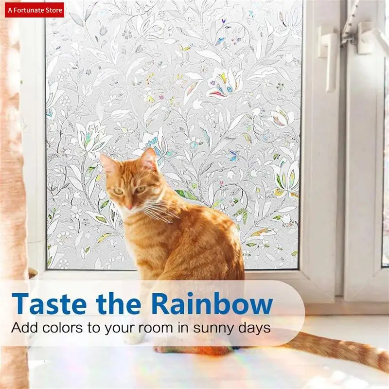 3X 3D Rainbow Window Film Stained Glass Vinyl Static Non Adhesive Film Opaque Privacy Protective Tint -45X100cm-A78G
