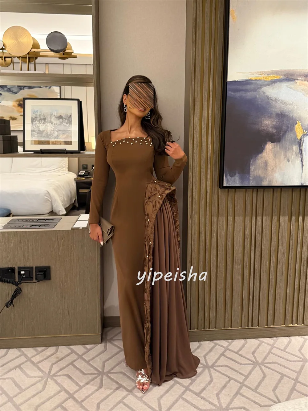 Vestidos largos personalizados de estilo moderno a juego, Jersey plisado con diamantes de imitación, sirena, cuello cuadrado, vestidos para ocasiones a medida, Retro elegante