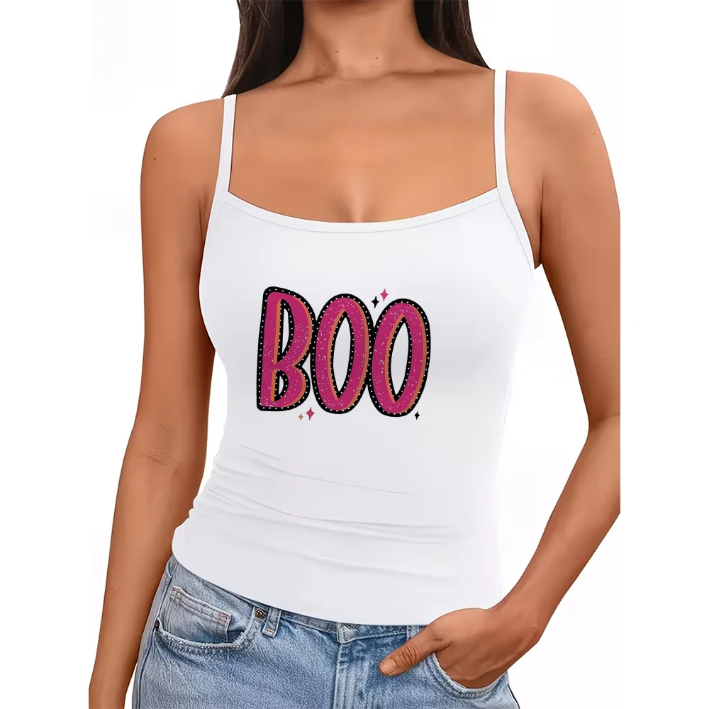 BOO Letter Print Camisole Y2K Pink Rhinestone Graphic Tank Top Summer Cute Sleeveless Vest Streetwear Crop Top Fashion