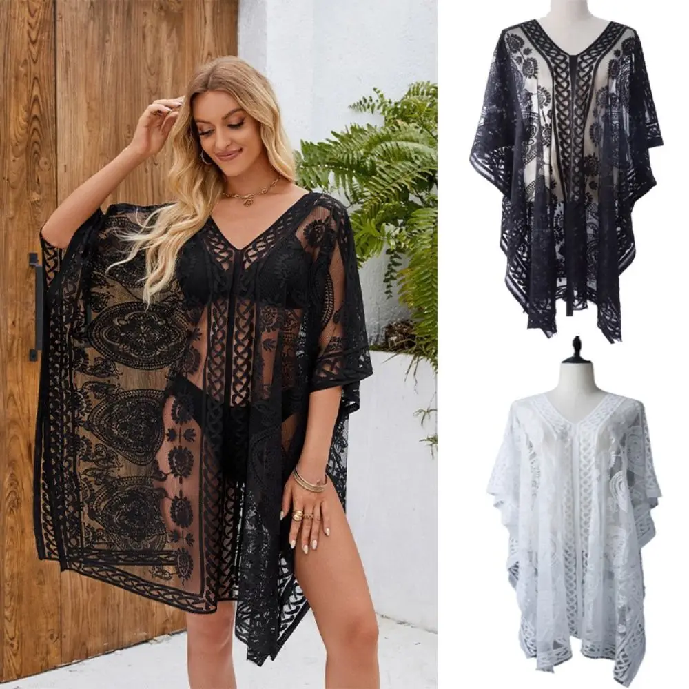 Fashion Transparent Swimsuit Cover Up Plus Size Sunscreen Bohemian Shawl Quick Dry Lightweight Lace Mesh Cover Up Casual Wear