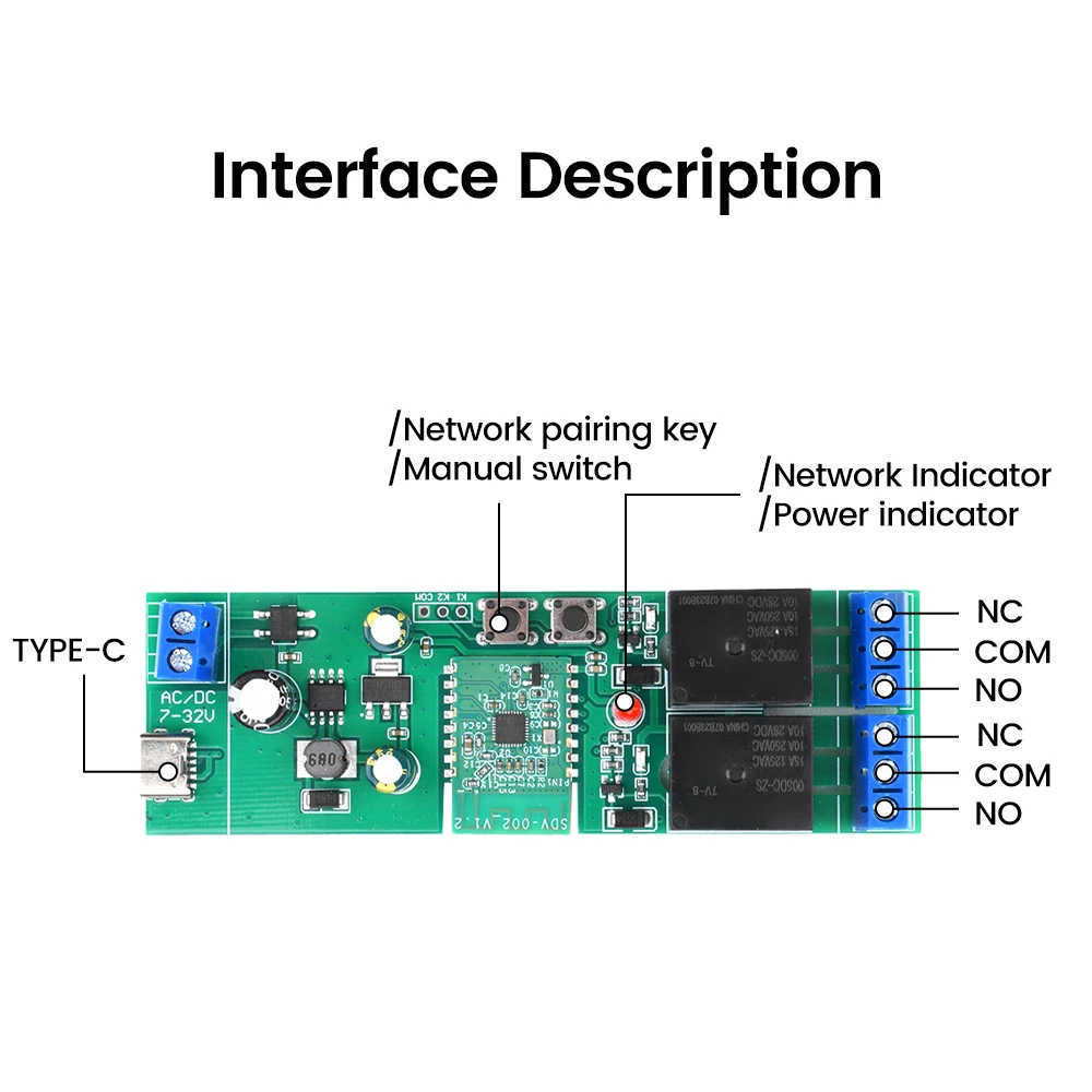 Yiweilian APP smart home switch, DC/AC7-32V Type-C 5V, 2/3/4 Bluetooth WIFI relay switch module Type-C interface 2200W/10A