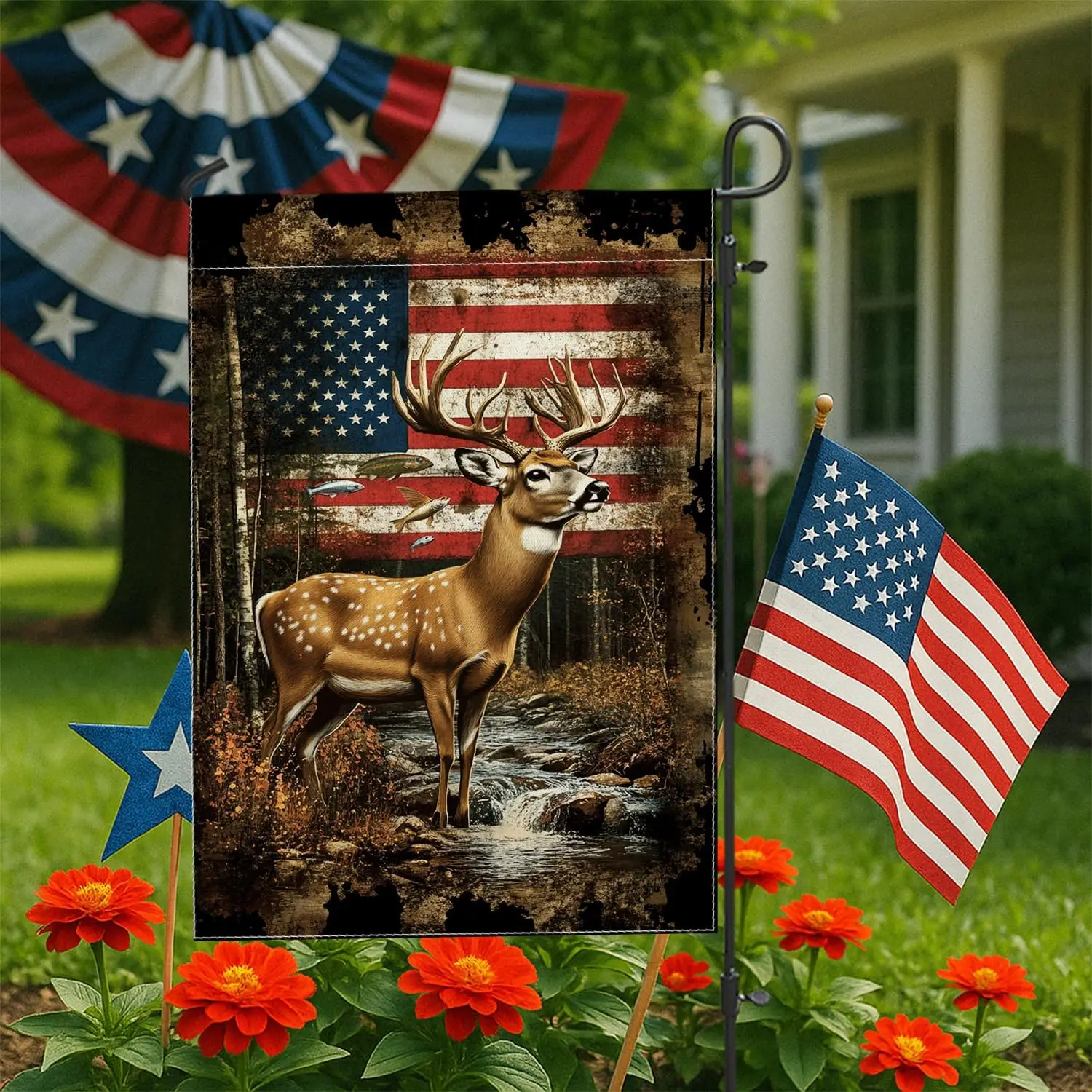 Rustic Deer Garden Flag, Brown Whitetail Deer Monochrome Home Decor Banner, Double Sided Outdoor Lawn Decoration, Autumn Nat PPZ