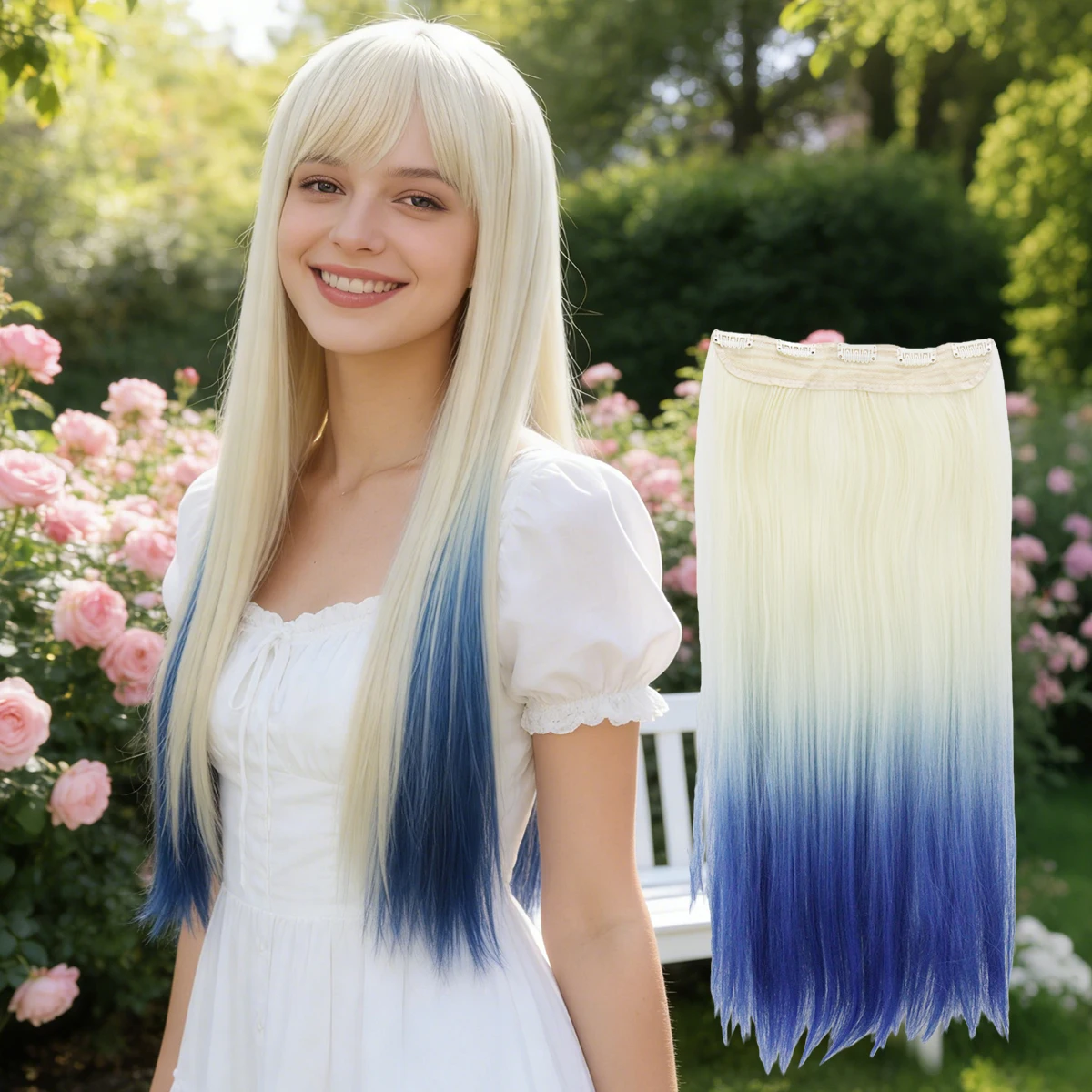 Light Golden to Rose Red and Navy ,Long Straight with Air Bangs,Sweet&Energetic Style for Daily Use,Synthetic Wigs.