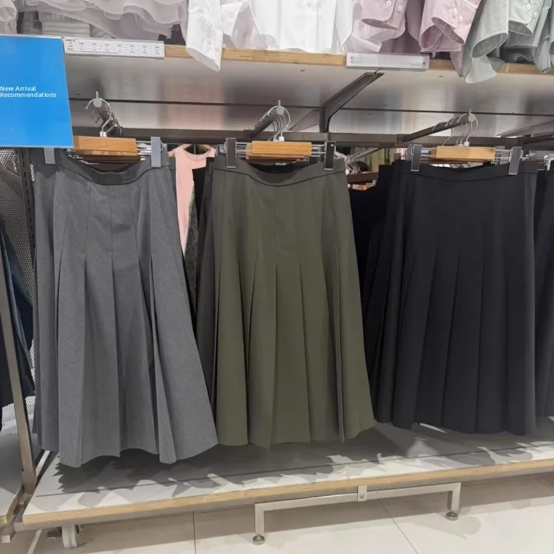 

Широкая плиссированная юбка-миди, женская юбка трапециевидной формы с высокой талией, длинная юбка из ПВХ, повседневная одежда для поездок на работу, осенний сезон, женская мода