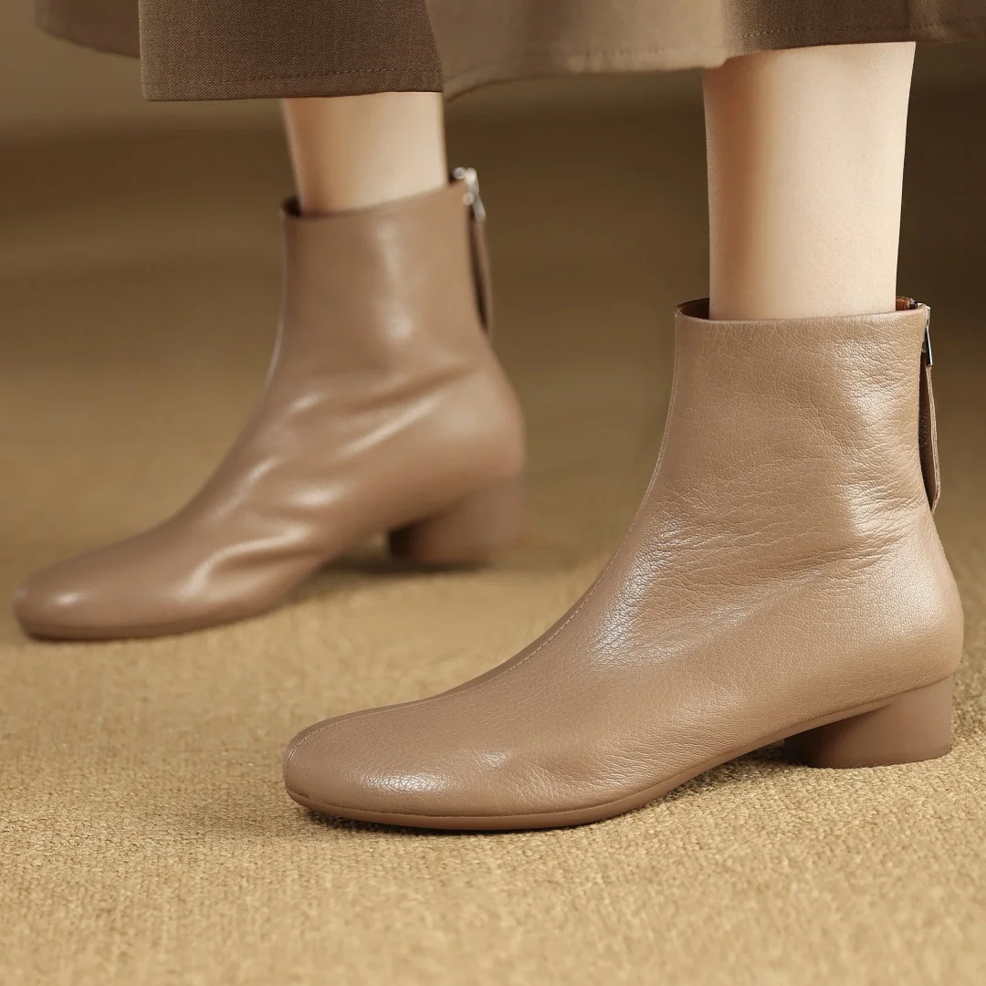 

Women's sheepskin round toe back zip flats autumn ankle boots high quality soft comfortable casual female short booties shoes