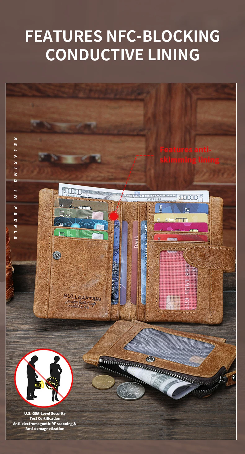 BULLCAPTAIN Echtleder Herren-Geldbörse RFID-Blockierung Vintage Bifold Kurze Geldbörse Rindsleder Kreditkartenhalter mit Münzfach – Detail 12