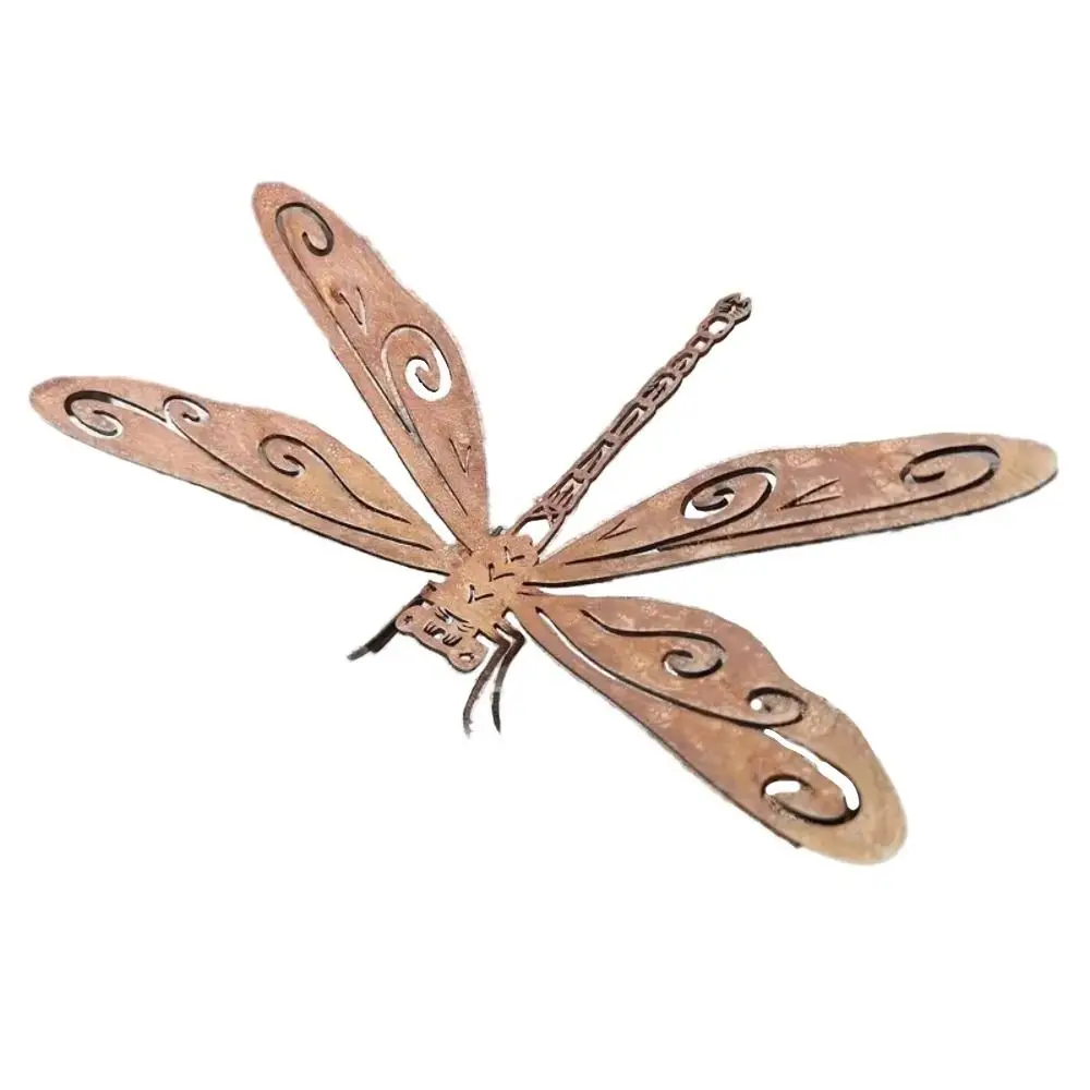 Rust-Colored Finish Dragonfly Garden Statue Durable Construction Rustic Ground-Mounted Decoration Metal Material