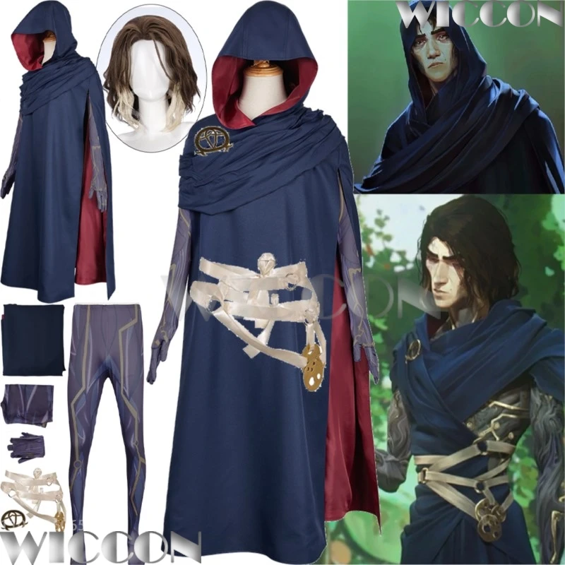 Viktor Arance Anime Game League of Legends Cosplay Costume Blue Cape Cloak Gloves Tight Pantyhose Belt Wig Holloween Customized