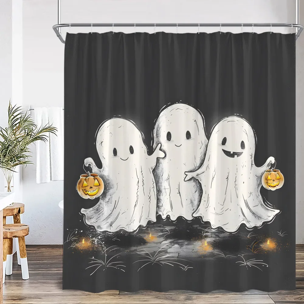 Cute Ghost Halloween Shower Curtain Cartoon Spectre Horror Bathroom Decor Kid Child Happy Halloween Polyester Bathtub Curtain