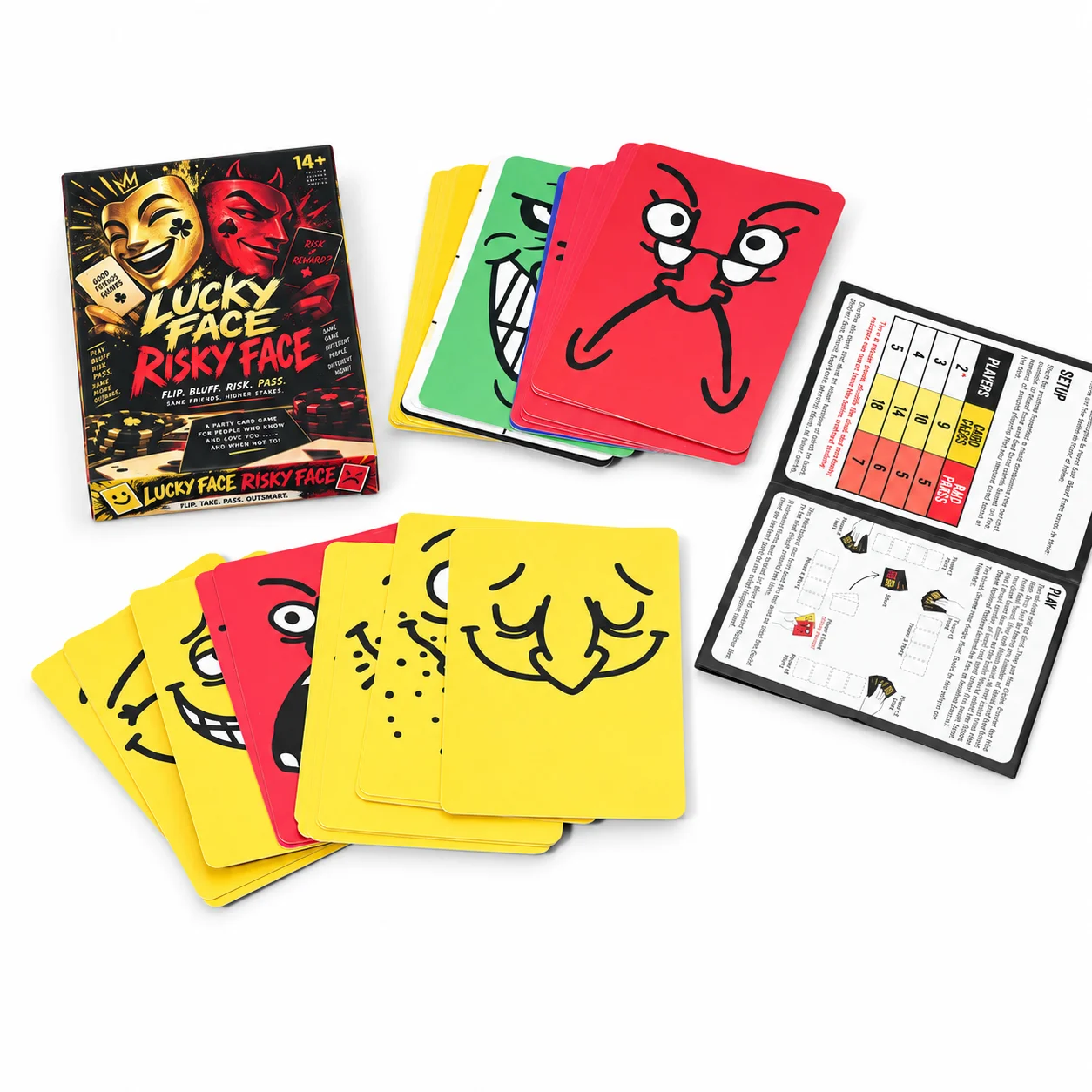 LUCKY FACE RISKY FACE Party Card Game Flip Take Pass and Outsmart Fast Paced Bluffing and Push Your Luck Game with Hidden Card S