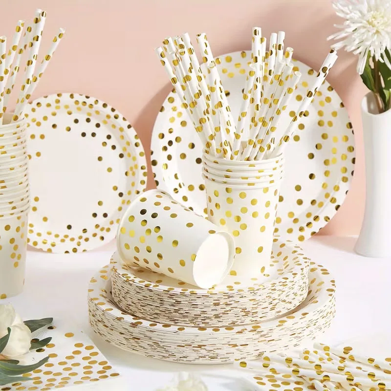 

White Gold Dot Disposable Tableware Set Paper Plates Cups Napkins For Elegant Wedding Birthday EVJF Party Supplies Decor