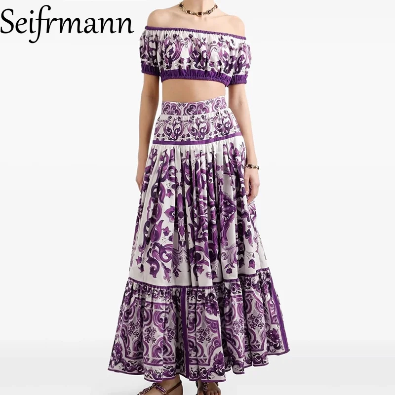 

Seifrmann, лето 2025 года, новый элегантный комплект из 2 предметов, фиолетовый принт, с короткими рукавами и юбкой с высокой талией, модный хлопковый женский костюм