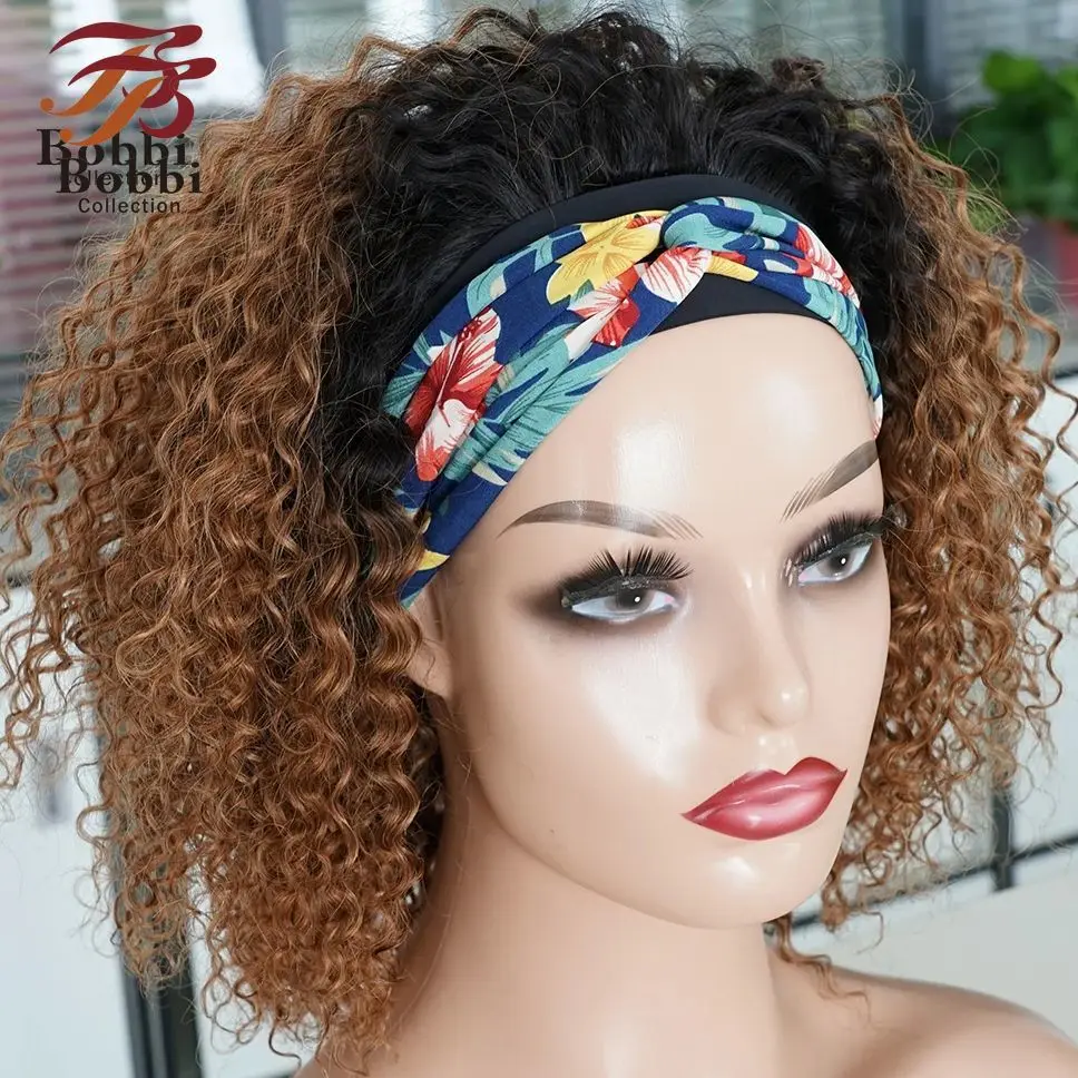 220% Density Glueless Human Hair Wigs for Women Short Curly Headband Wig Ombre 1B 30 Jerry Curly Wear Go Wig Ginger Brown Bobbi - Image 4