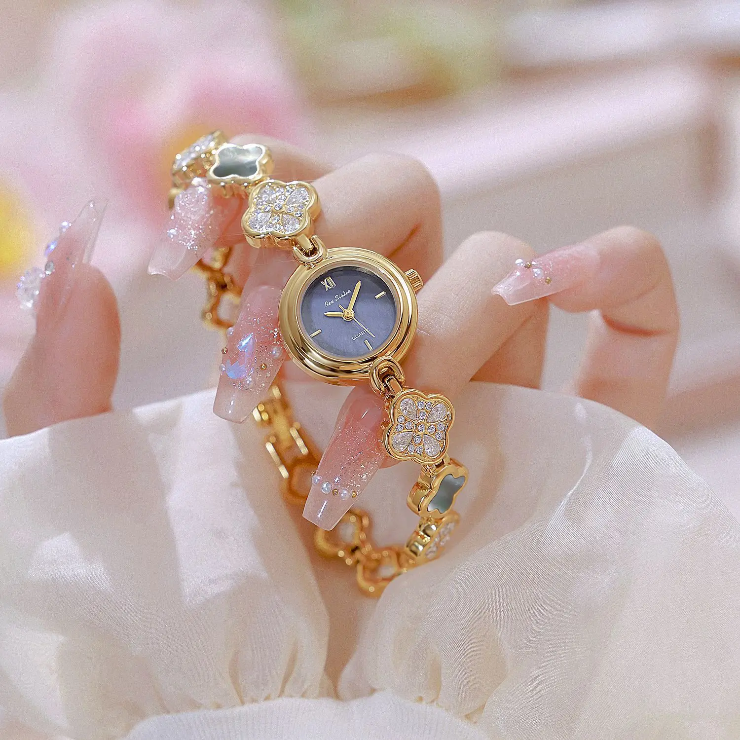 Women's Watch Natural Blue Shell Dial Bracelet Elegant Crystal Dress Watches for Women Fashion Luxury Small Quartz Ladies Clock