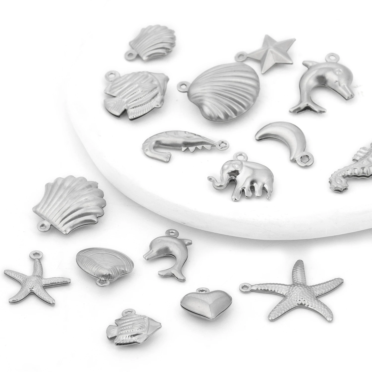 5pcs Silver Color Stainless Steel Pendants Fish Shell Elephant Moon Star Shape Charms For Making Jewelry Diy Accessories