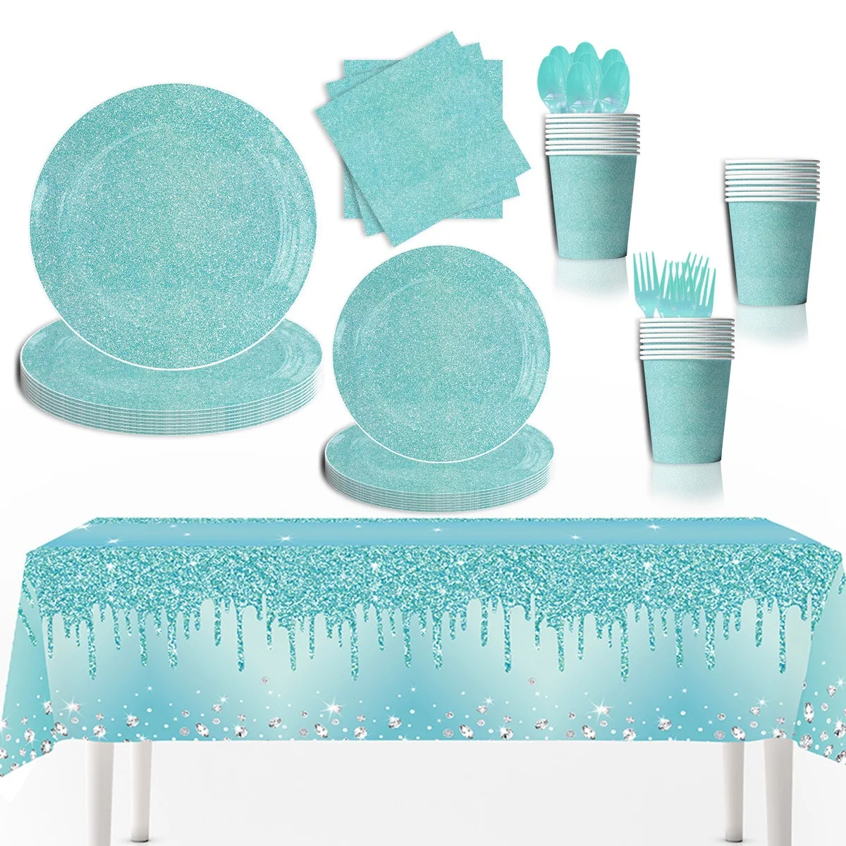 10 Guests Tiffany Blue Disposable Birthday Tableware Blue Paper Plates Cups Napkins Happy Birthday Party Wedding Supplies