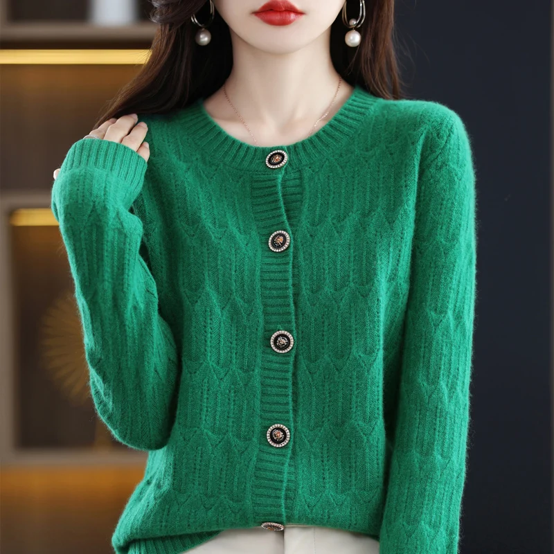 100% pure wool spring and autumn new round neck solid color knitting fashion loose cardigan coat woman