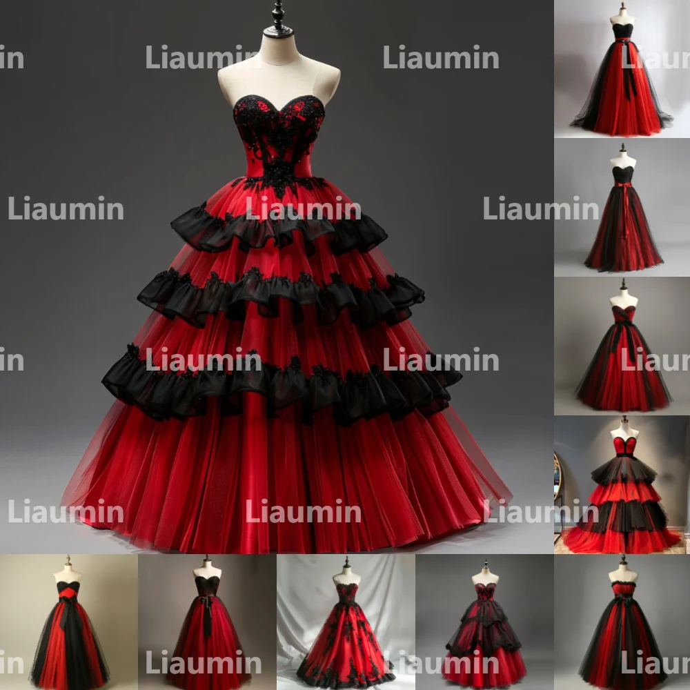 Customized Made Red Black Tulle Strapless Evening Prom Dresses Bridal Gowns Floor Length Formal Occasion Party Clothing W15-39