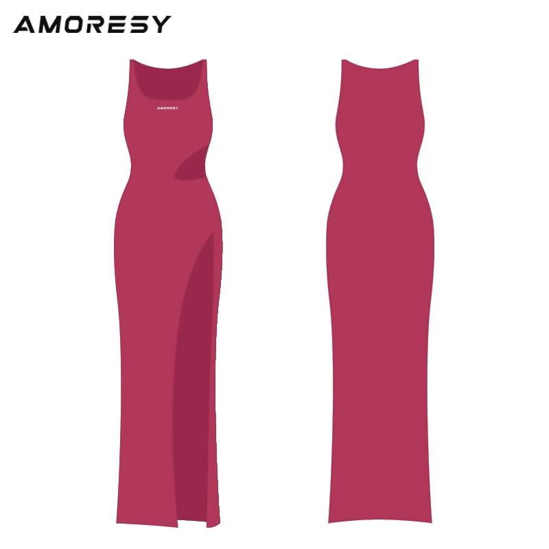 เดรสผ้าซาตินเนื้อมันเงา AMORESY แบบสายเดี่ยว โชว์เอว กระโปรงเซ็กซี่ เรียบเนียน โปร่งบาง เหมาะสำหรับวันหยุดพักผ่อน ผ้าสแปนเด็กซ์ กระโปรงชายหาด