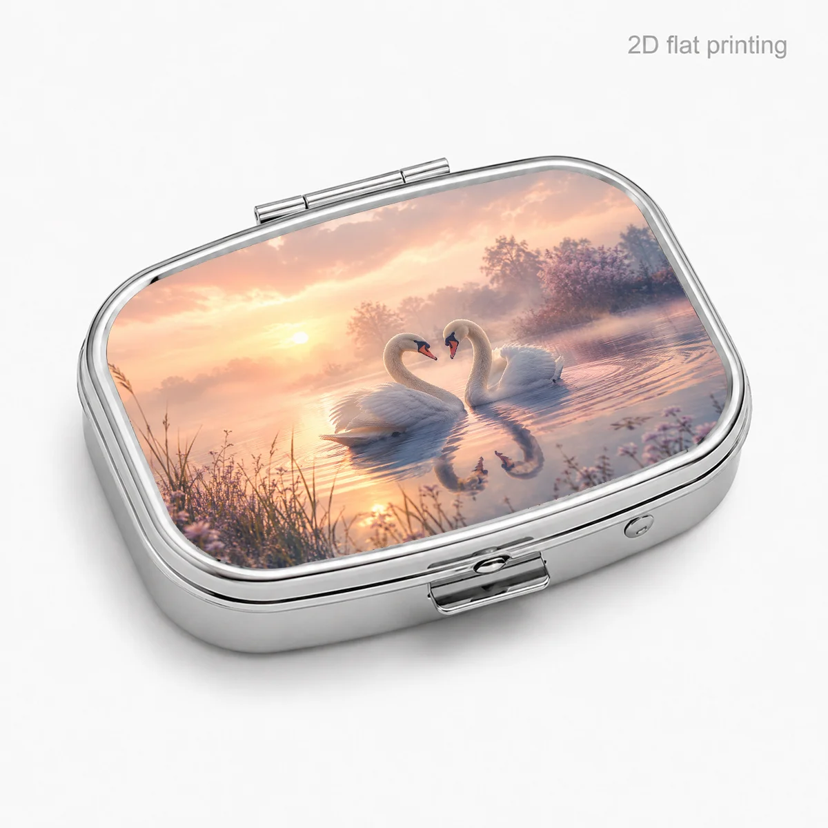Pill Box with Sunset Swan Lake Landscape Decorative Pattern, Portable Safety Box, Small Pill Organizer, Solemn and Exquisite, Durable and Beautiful, a Delicate Gift, Pill Dispenser for Personal Medication for Long-Distance Travel.