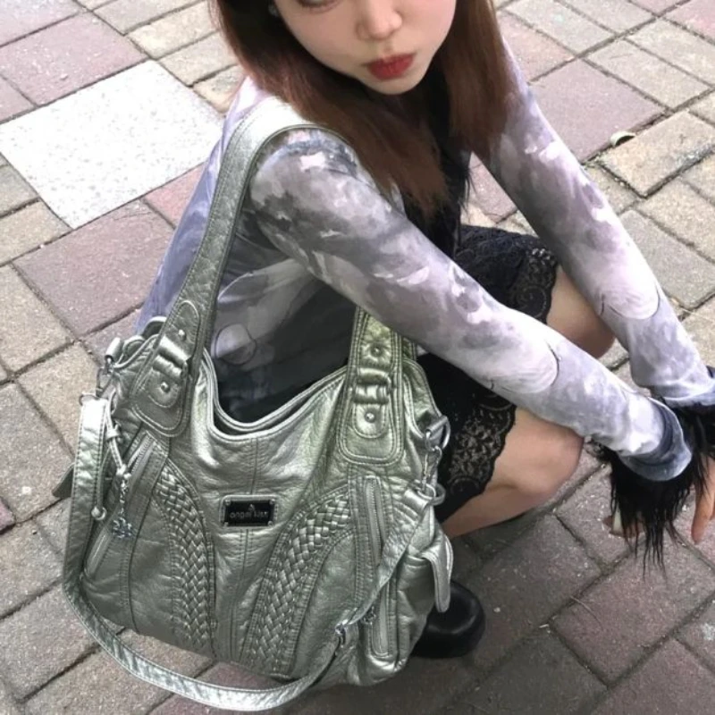 Vintage Grunge Silver Handbag For Women Fashion Luxury Y2k Big Underarm Bag Streetwear Rock Shoulder Bags Large Capacity 2024