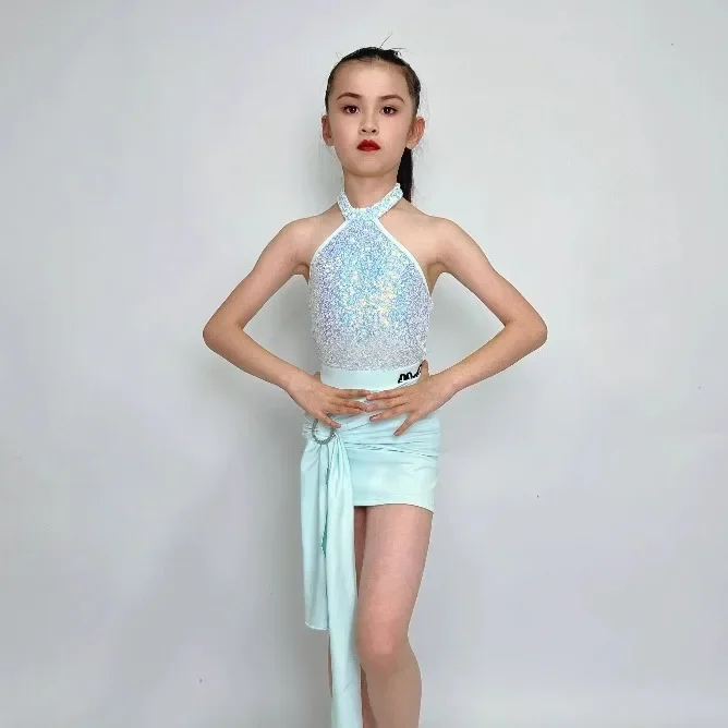 

Summer new children's Latin girls' practice suit, Cha-cha and Rumba dance grading training sequin performance set