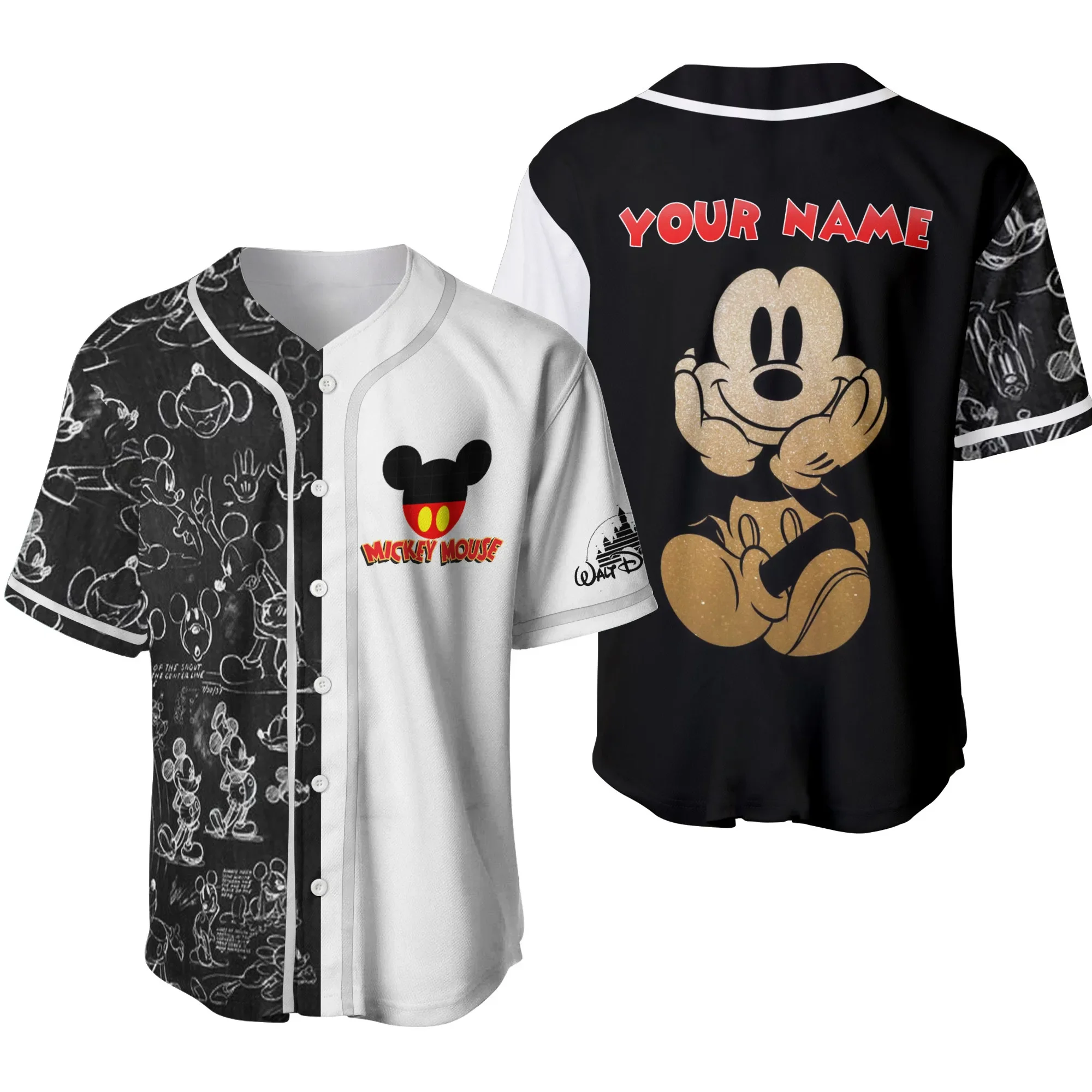 Disney Mickey Men\'s Baseball Jersey 3D Print Breathable Casual Custom Name and Number Disney Mickey Logo Face Baseball Jersey