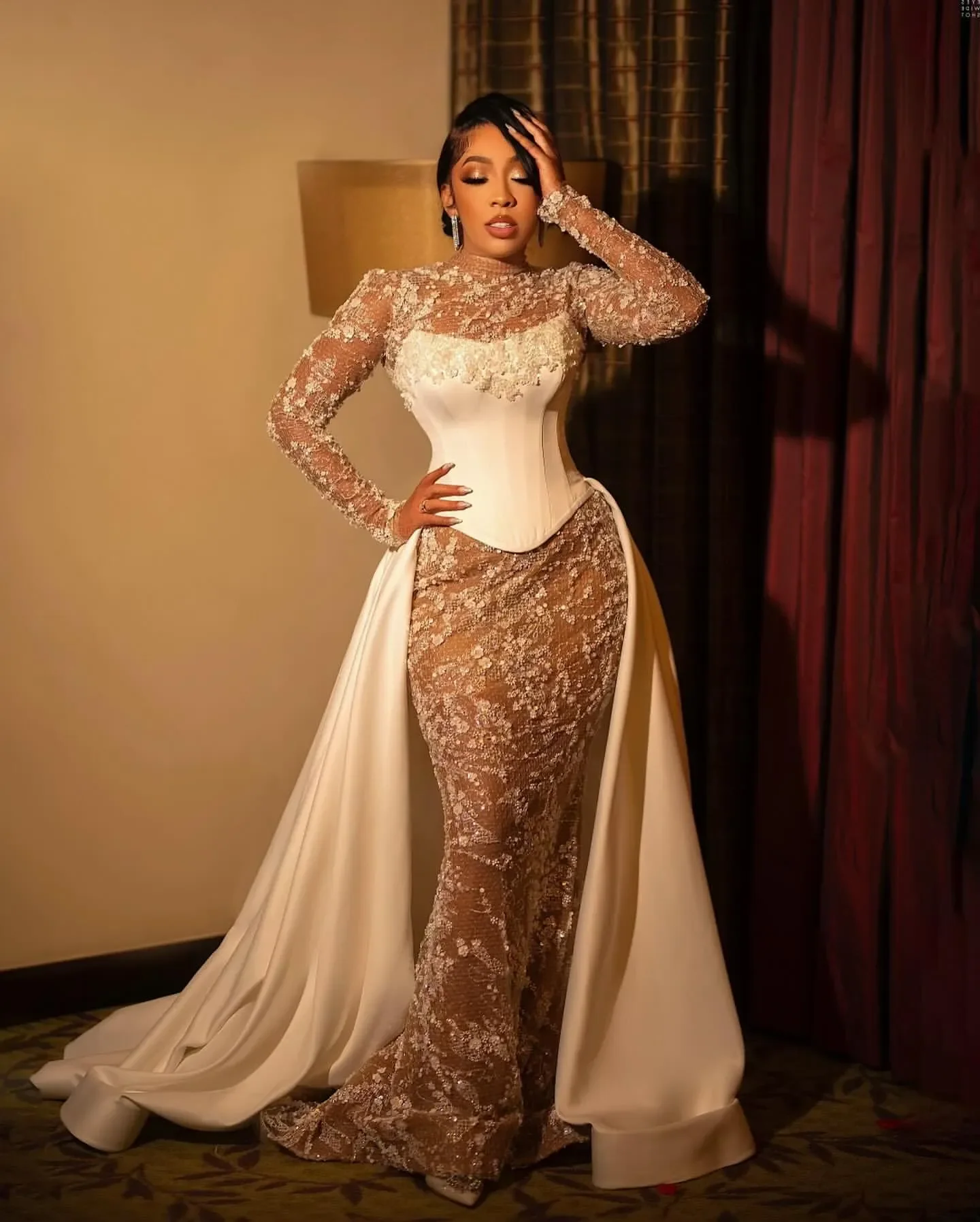 Customized High Collar Handwork Heavy Rhinestone Beads Wedding Dress with Removable Skirt Robe De Mariée Full Sleeve Bridal Gown