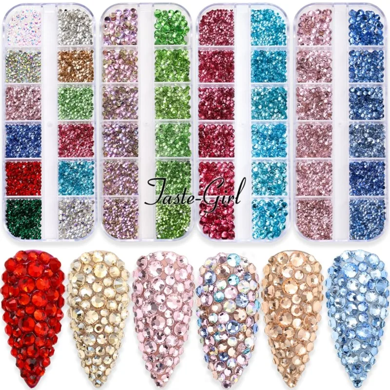 

12 Grids Flatback Glass Nail Art Rhinestones Set Mixed Design Glitter Nail Decorations Charms Accessories Gems Manicure Supplies