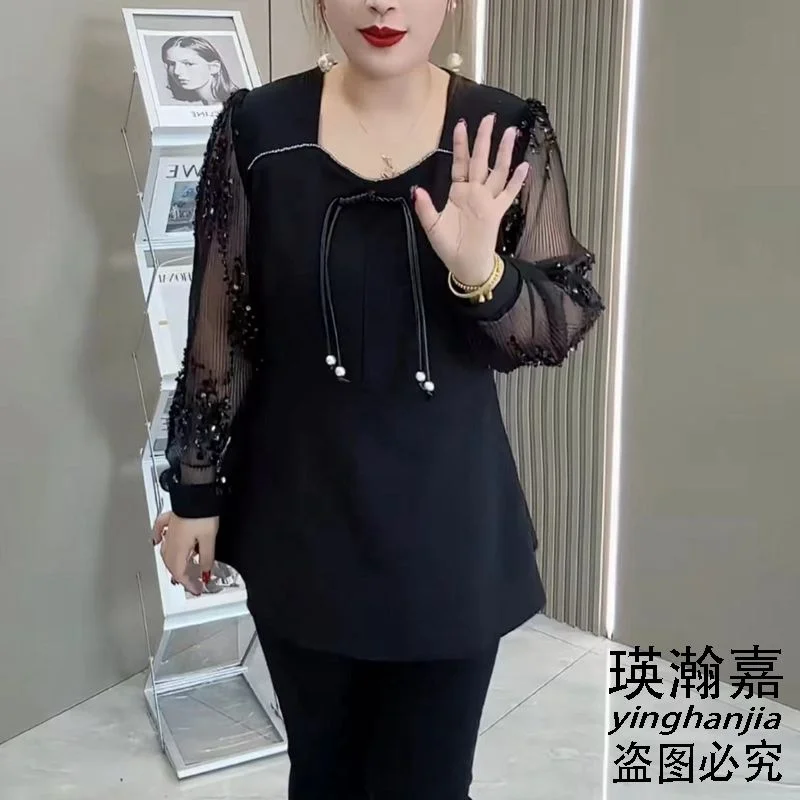 2025, nieuwe gestikte trui voor dames, ronde hals, kant, mode, effen kleur, veelzijdige, casual top met lange mouwen