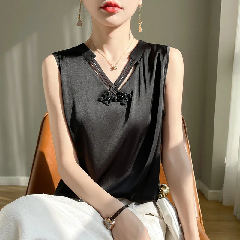 Spring and summer new women's new Chinese style suspender Acetate silk smooth satin is soft and skin friendly Breathable vest